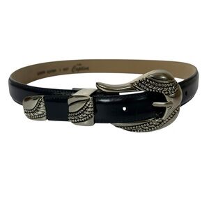 Vintage 90's Lady Captiva Leather Belt Gold Buckle‎ Moto Maximalist Dark Blue S